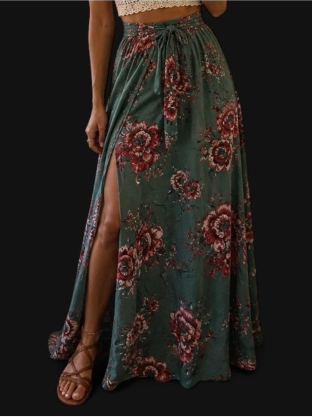 Japna Teal Floral Maxi Skirt with Side Slit